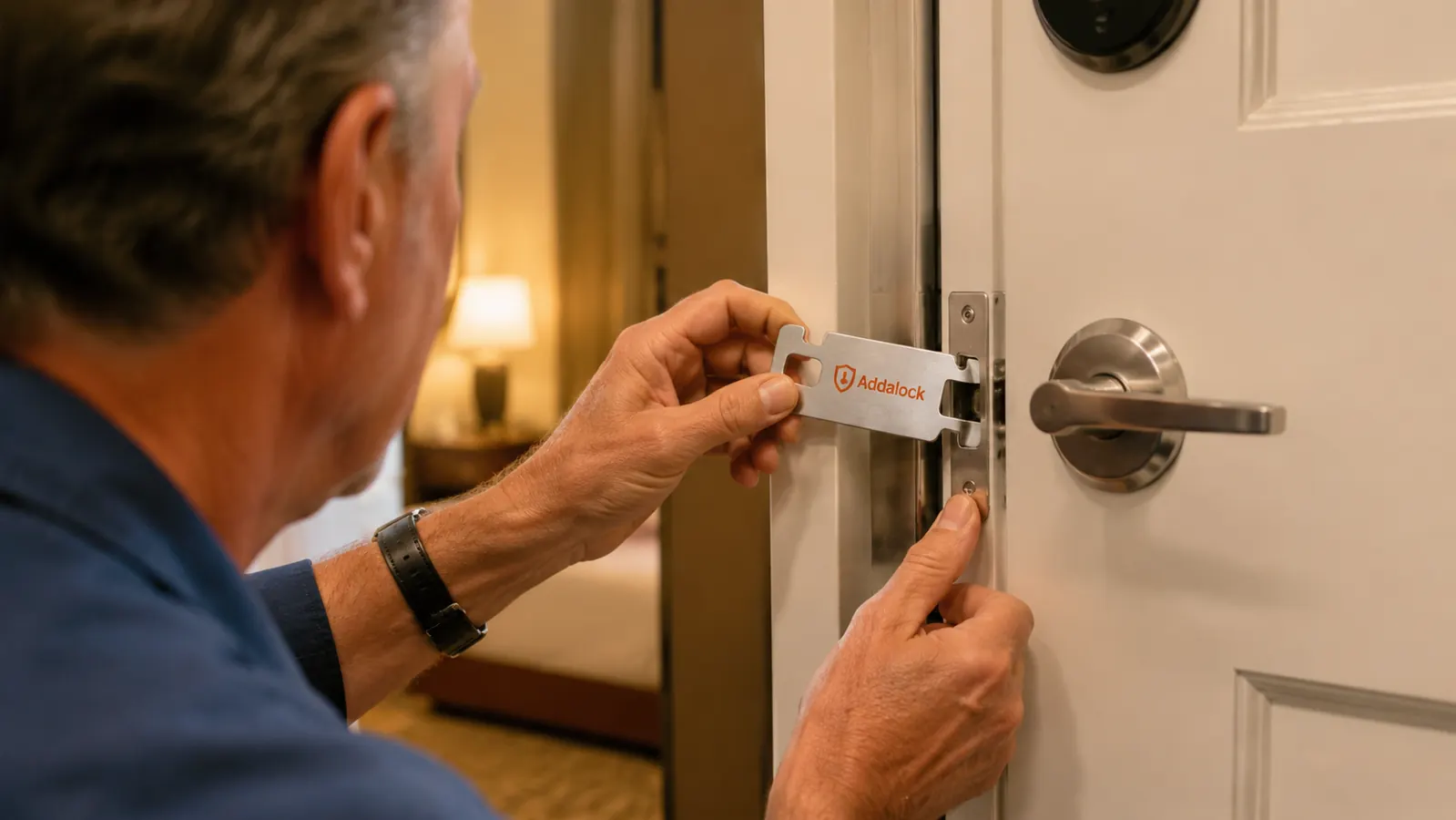Hand inserting an Addalock portable door lock into a hotel door strike plate