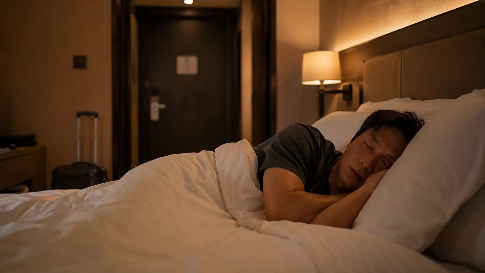Traveler sleeping peacefully in a hotel room with a door lock engaged in the background