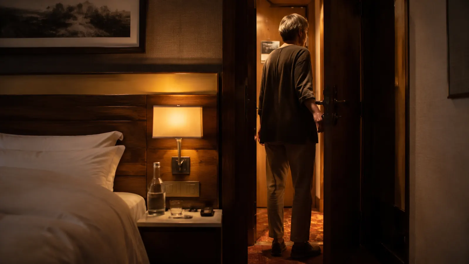 Solo traveler closing a hotel room door at night, warm hallway light spilling through the gap