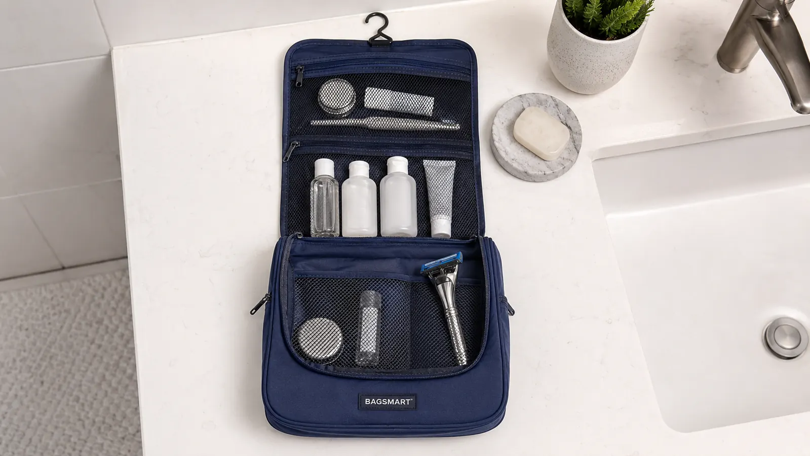 Interior compartments of a hanging toiletry bag showing organized bottles, tubes, and a razor