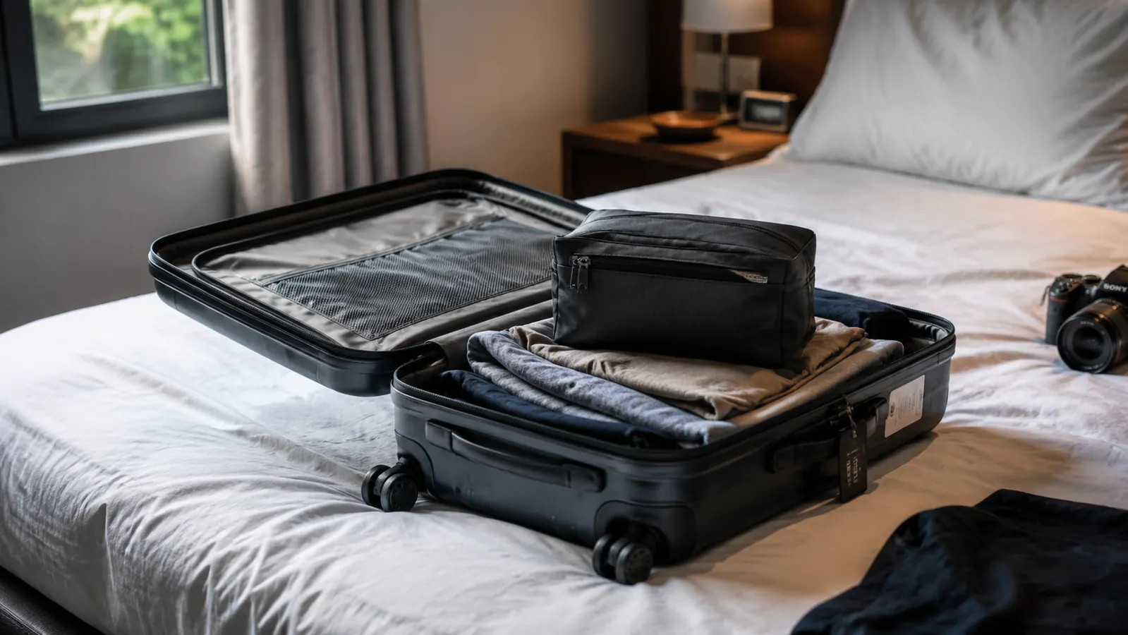 A packed carry-on suitcase open on a bed with a compact hanging toiletry bag laid on top