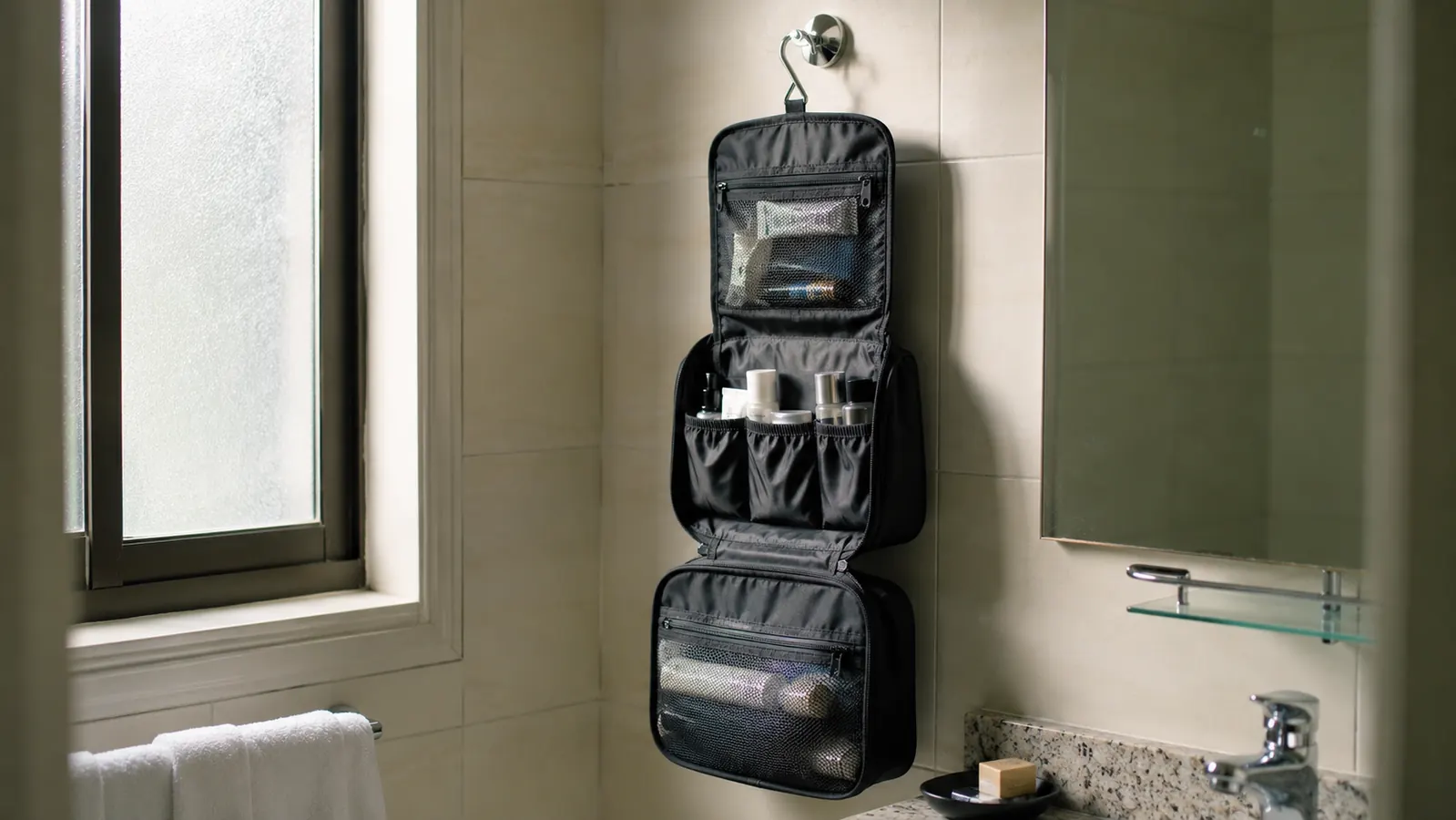 BAGSMART hanging toiletry bag open and hanging from a bathroom hook in a compact hotel bathroom