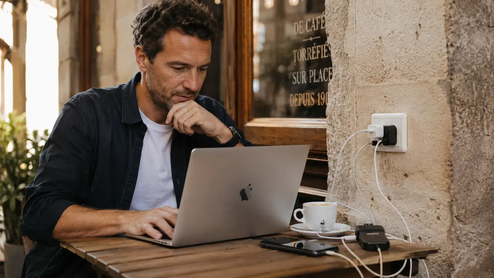 Traveler at a wooden cafe table in a European city with laptop, phone, and camera all charging from a single compact adapter