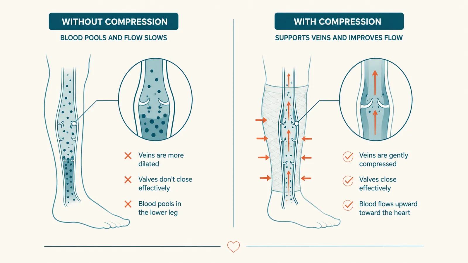 Diagram showing cross-section of blood flow in a vein with and without compression, labeled infographic style