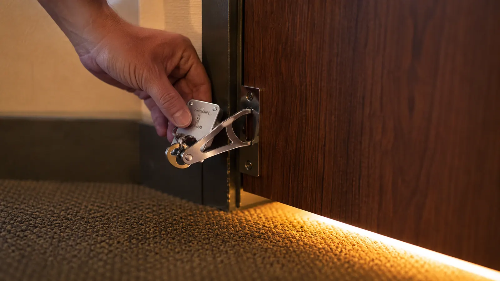 Addalock portable door lock engaged in a hotel room door strike plate, warm amber hallway light visible through the gap