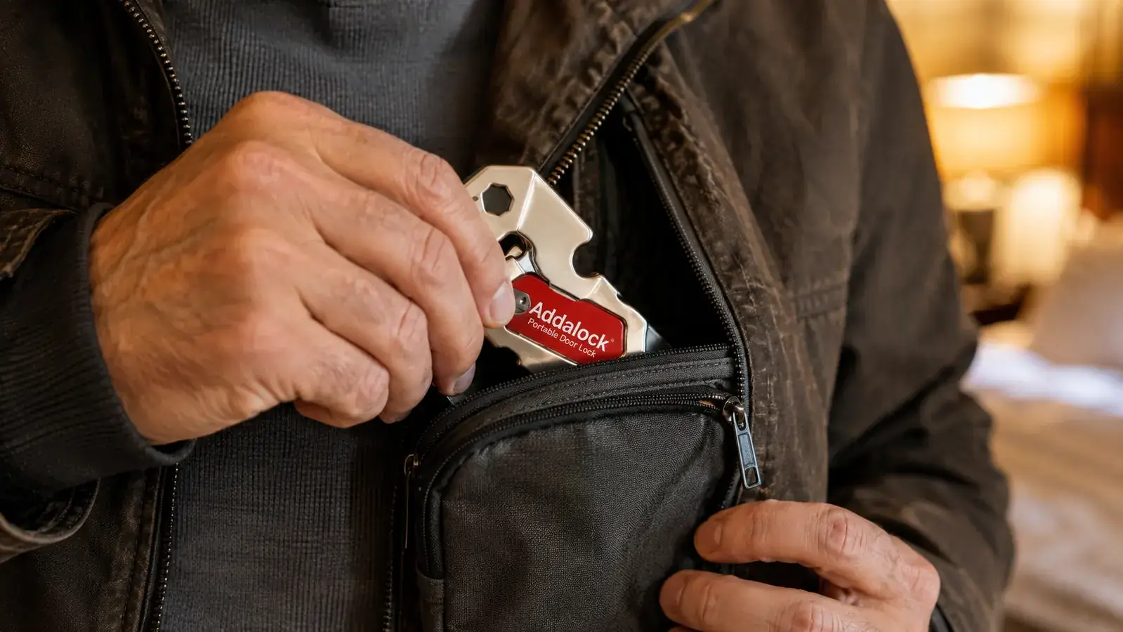 Traveler placing the Addalock into a small zippered pouch in a jacket pocket