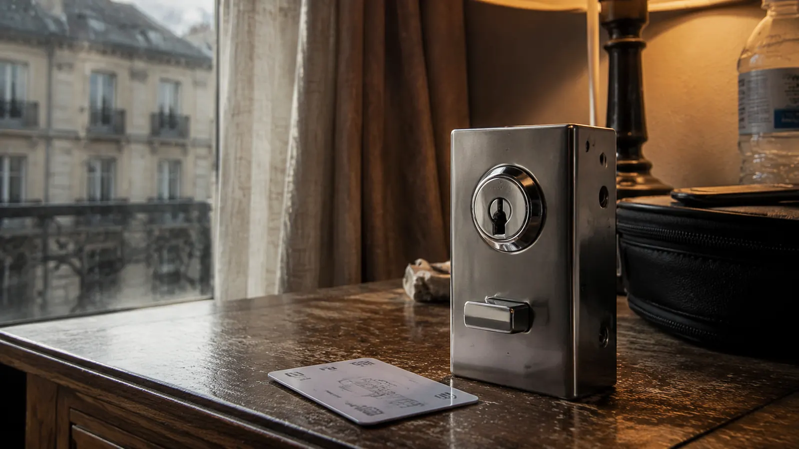 Small metal Addalock portable door lock resting on a worn wooden nightstand next to a hotel room keycard