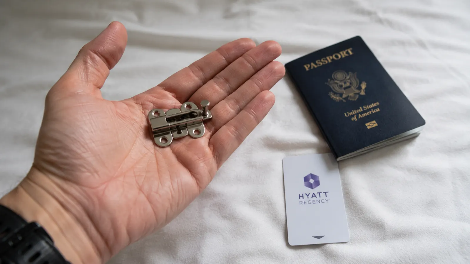 Addalock portable door lock resting in an open palm next to a passport and room key card