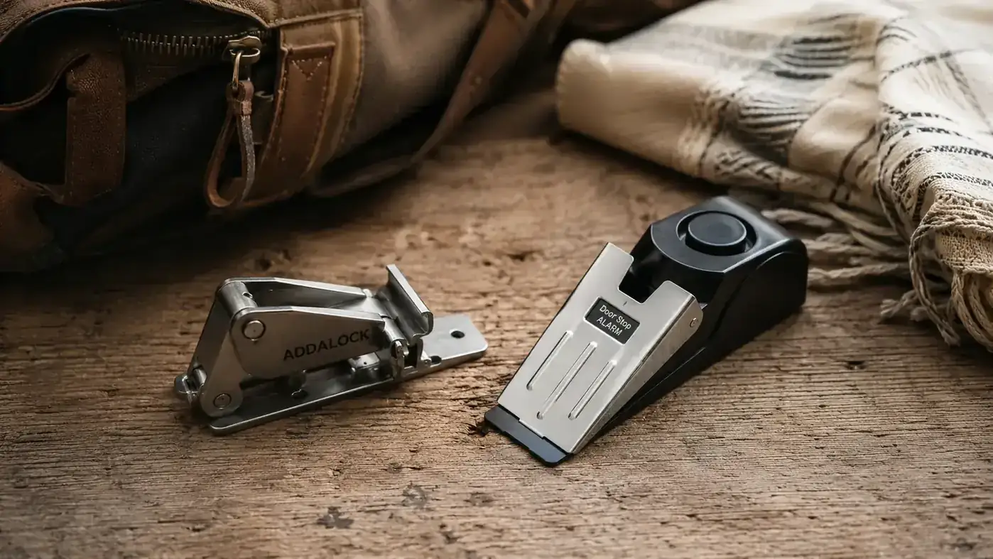 Two portable door security devices side by side on a wood surface next to a packed travel bag