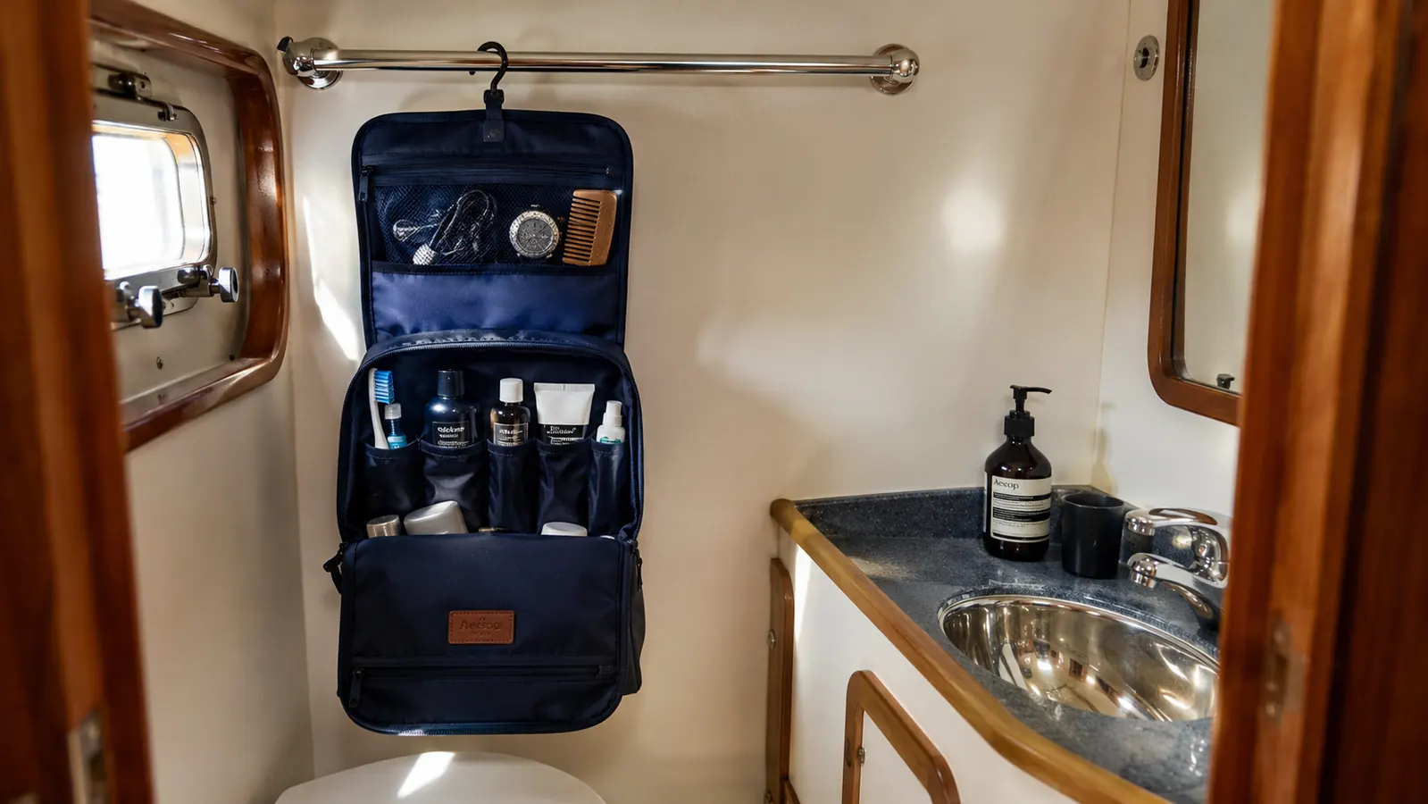 BAGSMART hanging toiletry bag open and organized on a chrome bathroom hook in a narrow ship's head