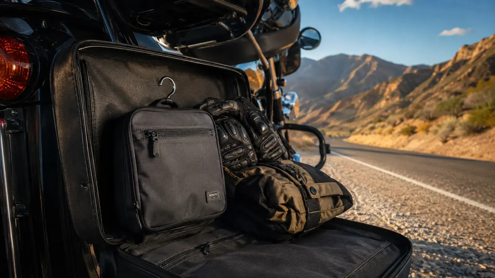 Motorcycle saddlebag open with a compact rolled toiletry bag visible alongside riding gear