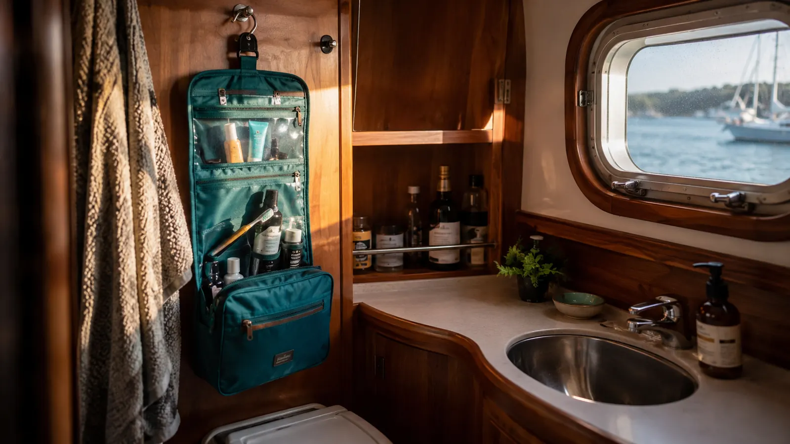 A hanging toiletry bag open and organized on a hook in a small marina bathroom with porthole window