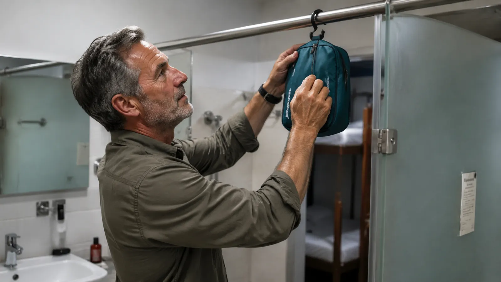Traveler hooking a toiletry bag over a hostel bathroom partition rod