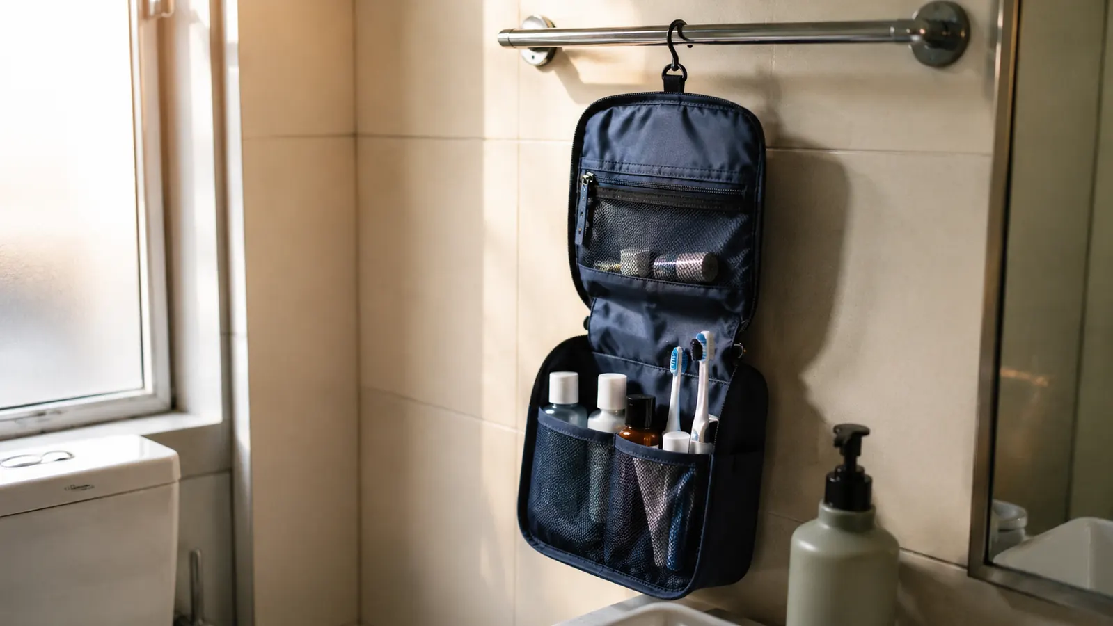 Hanging toiletry bag open on a bathroom hook in a compact hotel bathroom with toiletries organized inside