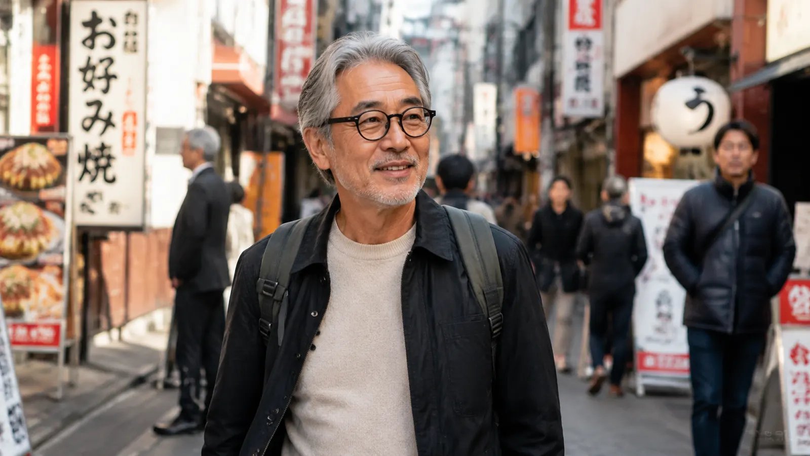 Traveler walking confidently down a busy Tokyo street in daylight