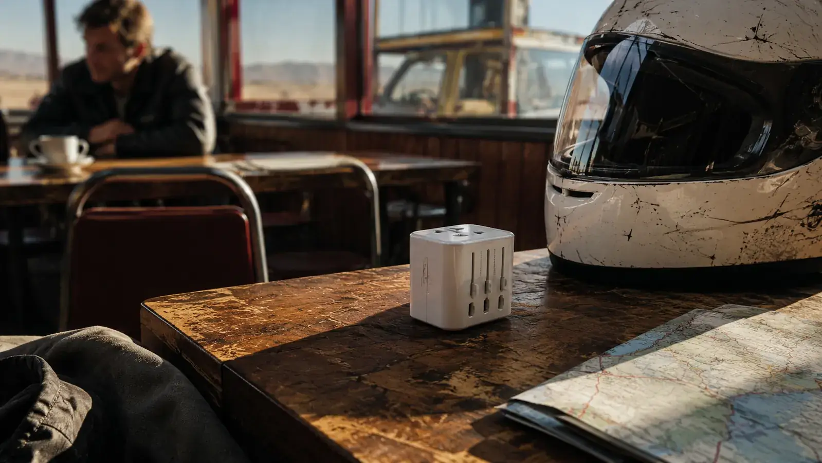 EPICKA universal travel adapter beside a motorcycle helmet and open map on a wooden table