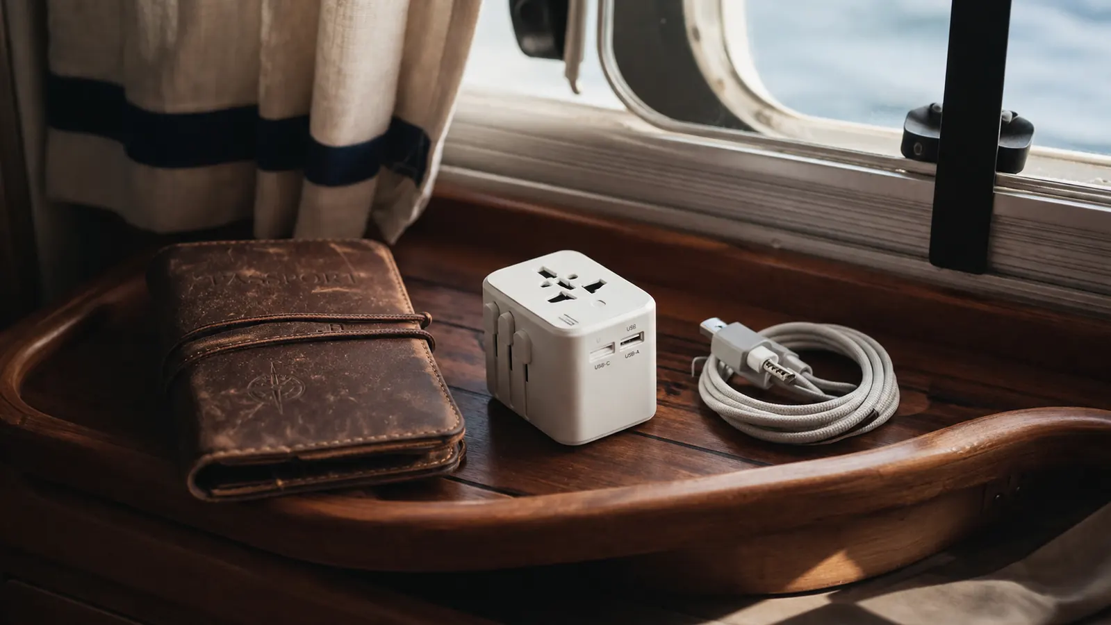 EPICKA universal travel adapter on a wooden boat shelf beside a passport and charging cable