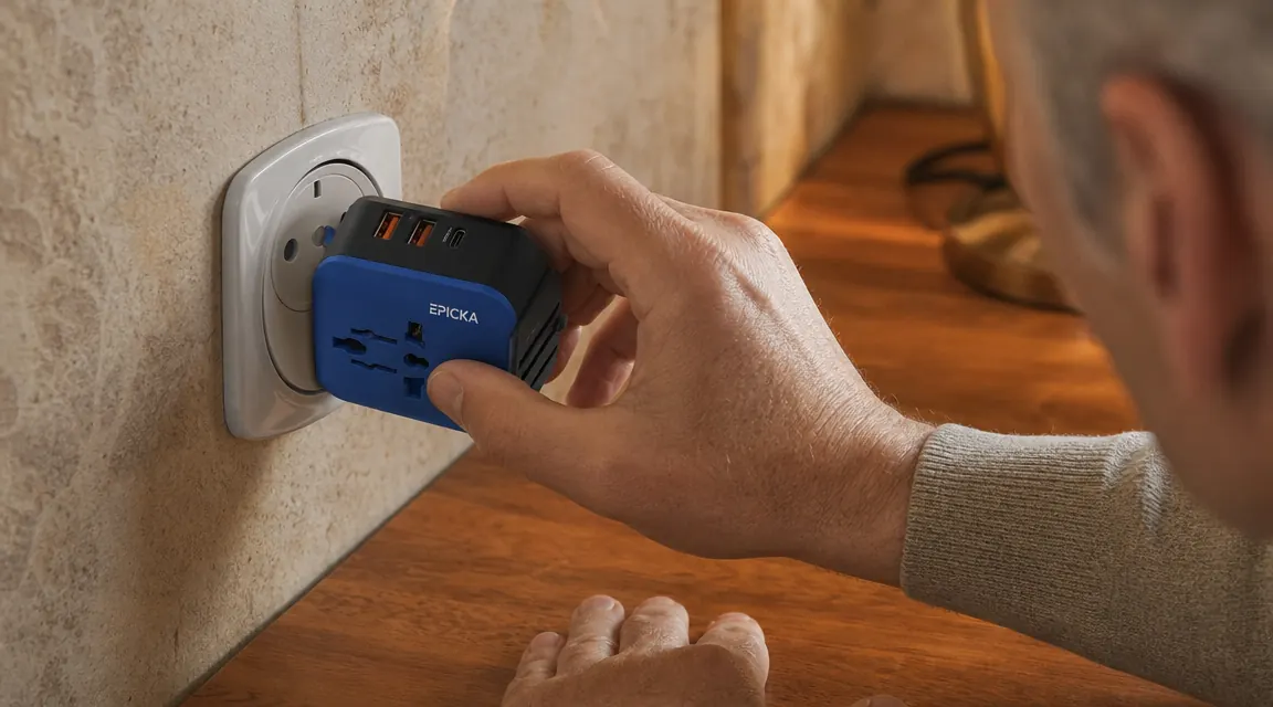 Hand plugging a universal travel adapter into a European Type C wall outlet in a stone-walled room