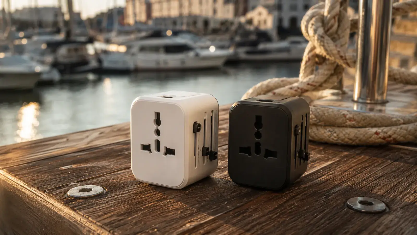 Two universal travel adapters side by side on a wooden dock with sailing rigging in the background