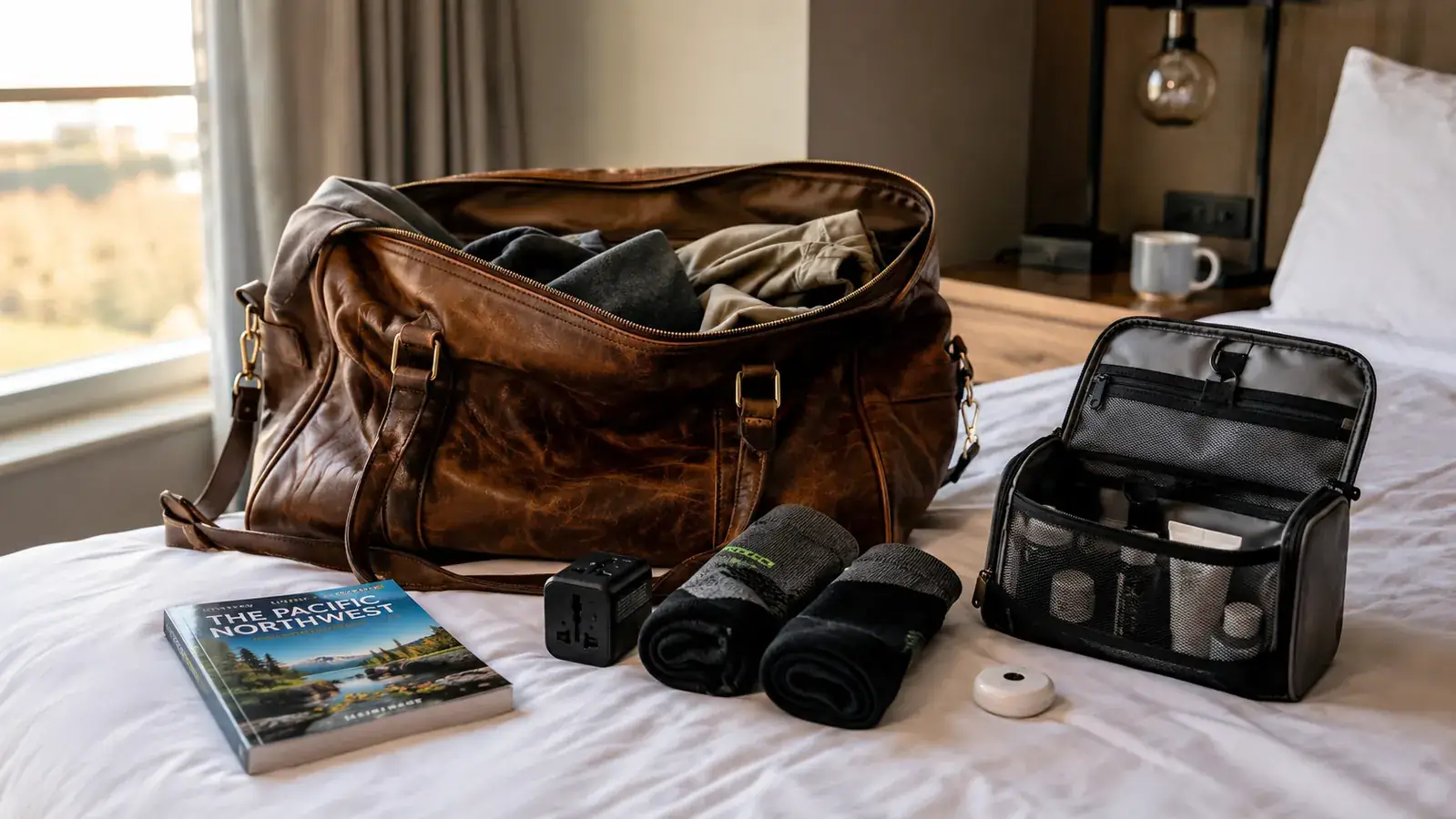 A traveler packing a universal adapter and small accessories into a carry-on bag near a sunlit window
