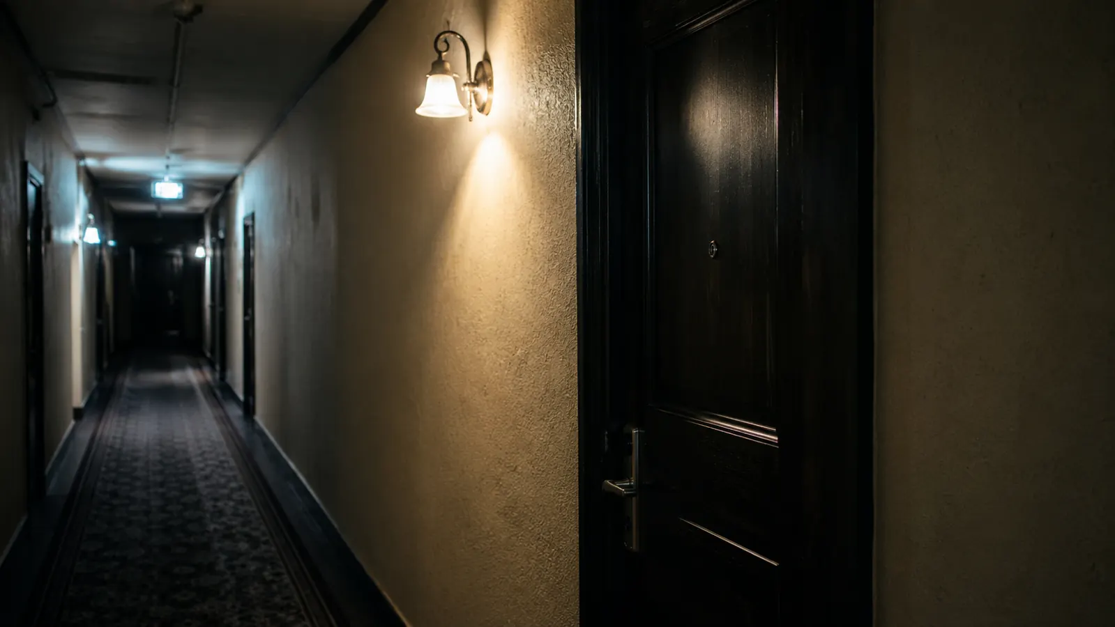 Dimly lit hotel room hallway at night with a door handle casting a shadow