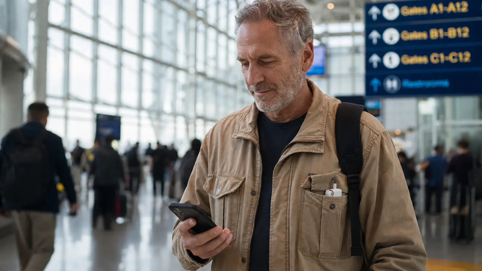 Traveler checking phone in a busy airport terminal, small adapter visible in front pocket of backpack
