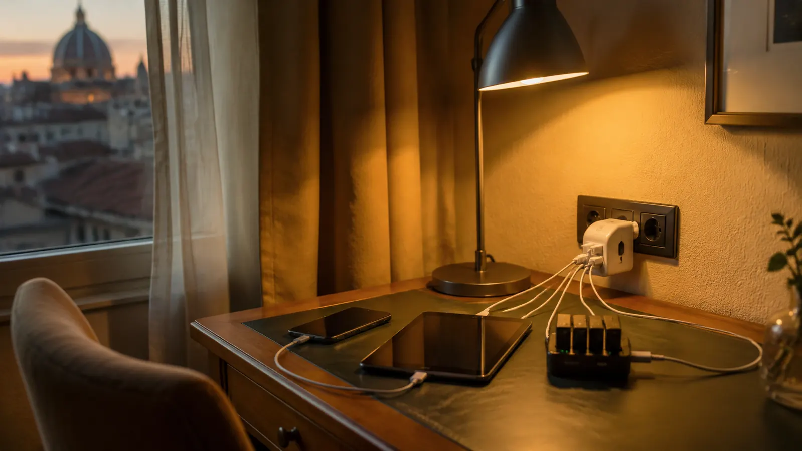 Traveler's desk in a foreign hotel room with multiple devices charging neatly from one compact adapter