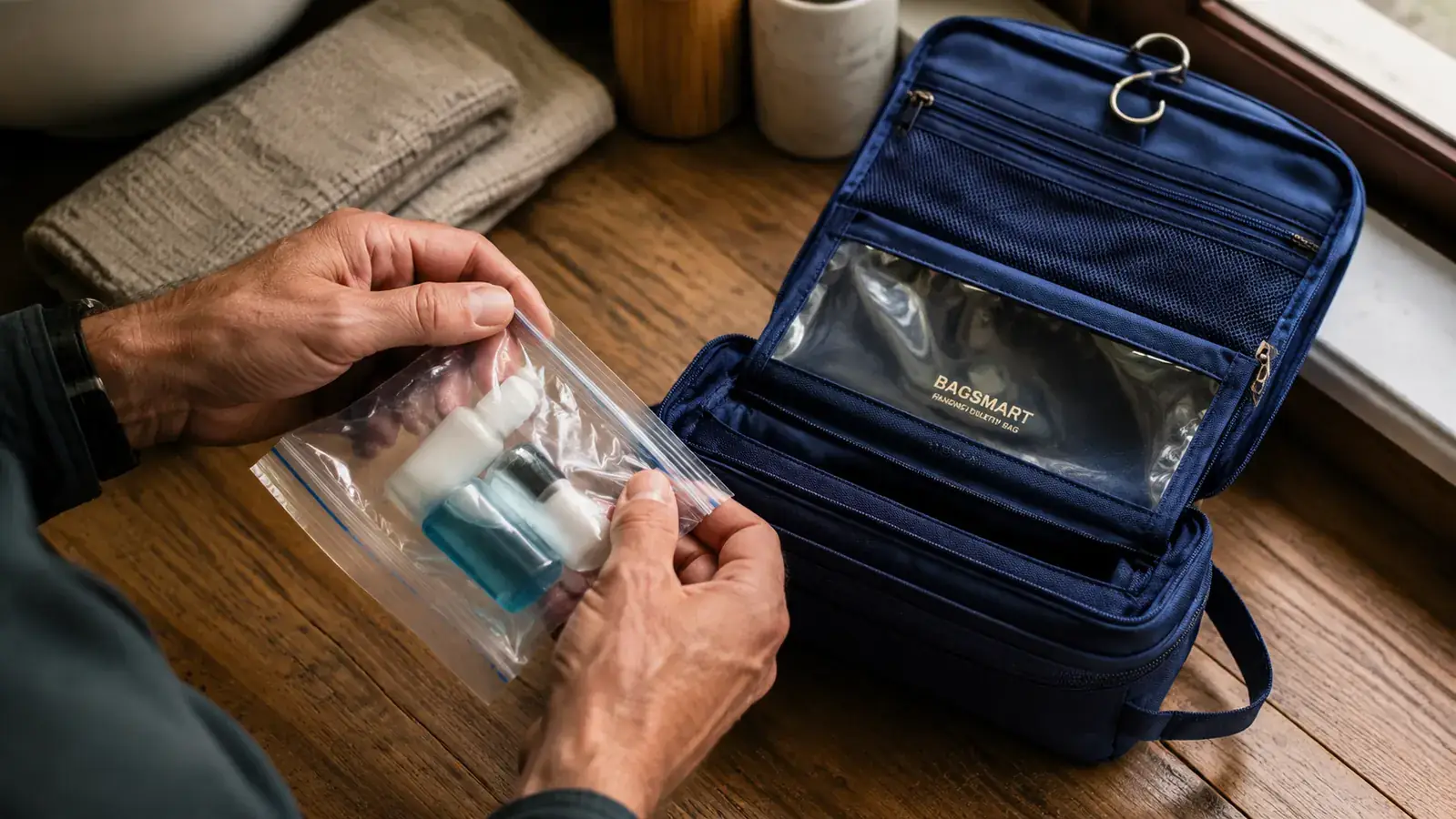 Hands packing a quart-sized clear zip-lock bag with travel-sized bottles next to a hanging toiletry bag