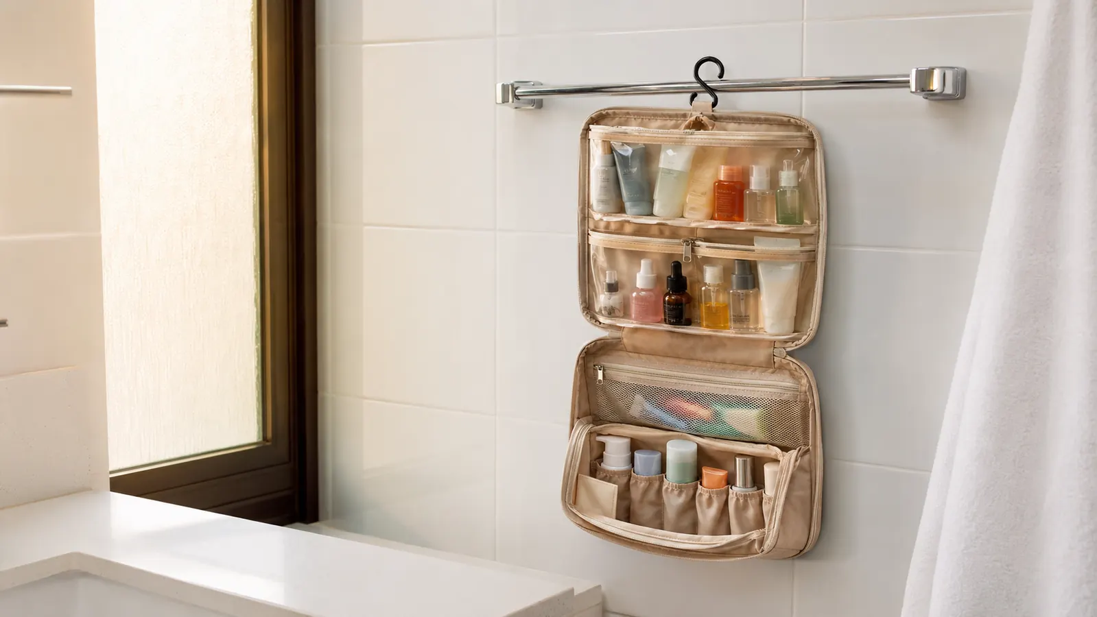Open hanging toiletry bag suspended from a chrome bathroom hook showing organized compartments with travel-sized bottles and grooming items
