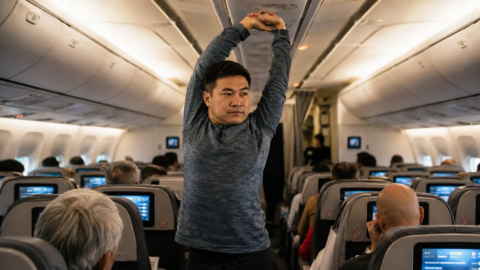 Traveler walking the aisle of a long-haul flight cabin