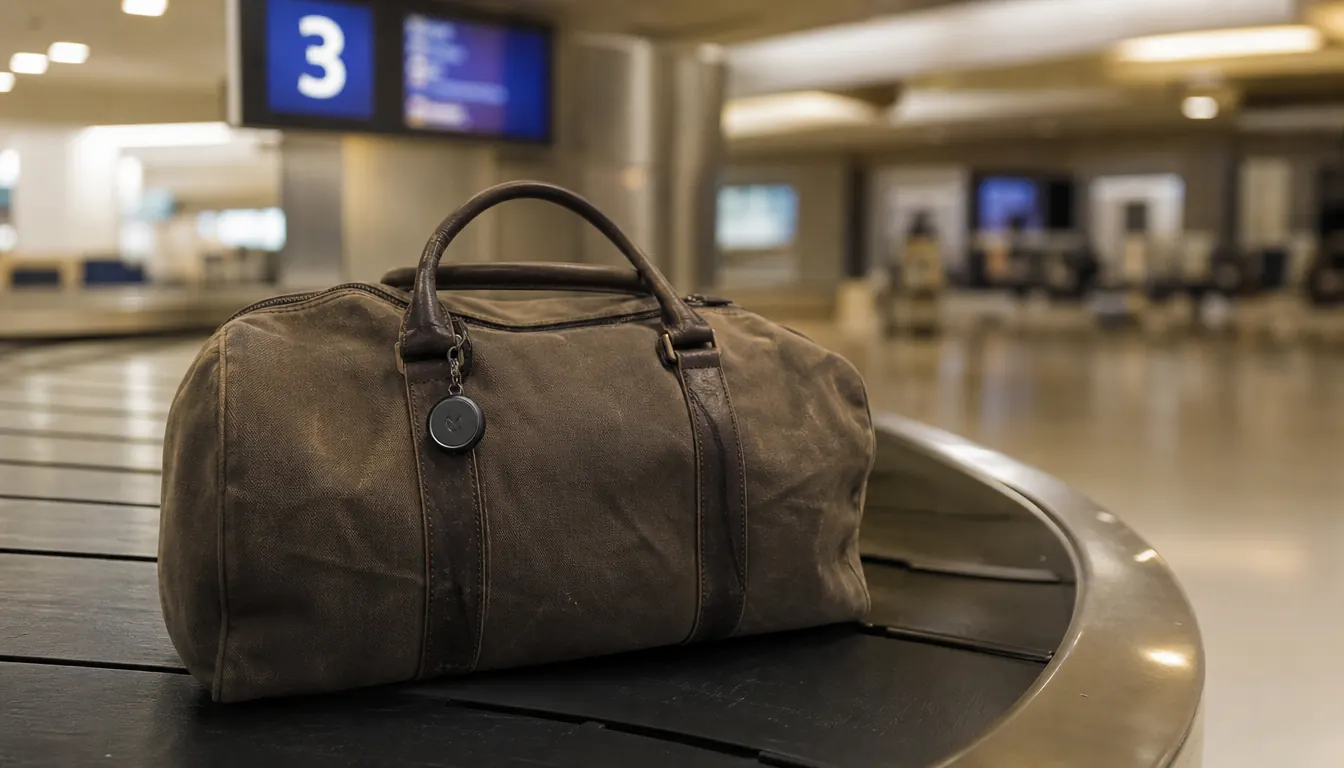 A weathered duffel bag sitting on an airport baggage carousel with a small Bluetooth tracker clipped to the handle strap