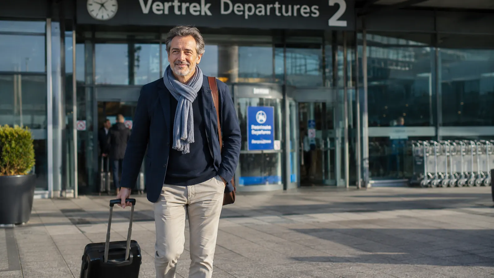 Traveler reunited with luggage outside a European terminal, relieved expression