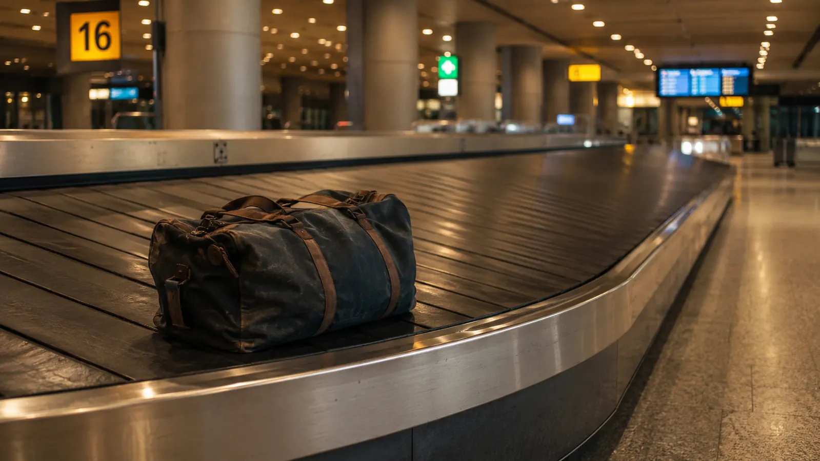 A weathered leather duffel bag sitting on an airport carousel with Rome airport signage visible in the background