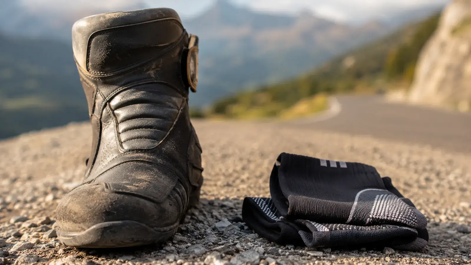 Compression socks laid flat next to a motorcycle boot on a gravel roadside pullout