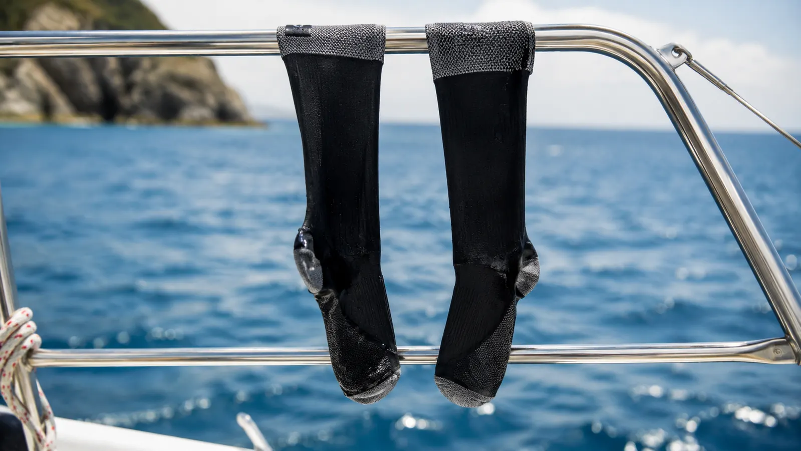 Washed compression socks hanging to dry from a boat railing with ocean in the background