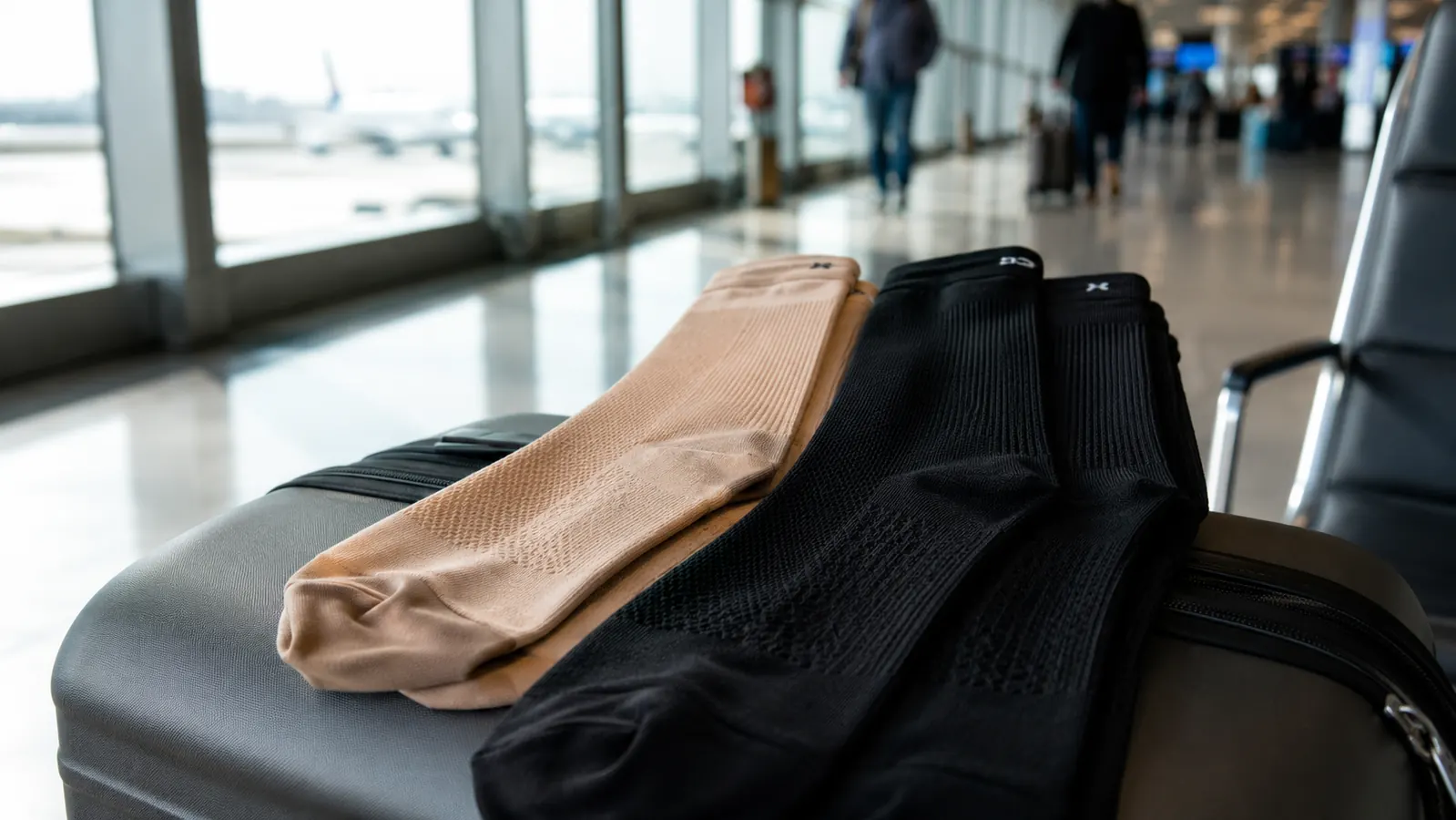 Two pairs of compression socks laid out on a carry-on bag in an airport terminal, one black pair and one patterned pair, natural window light