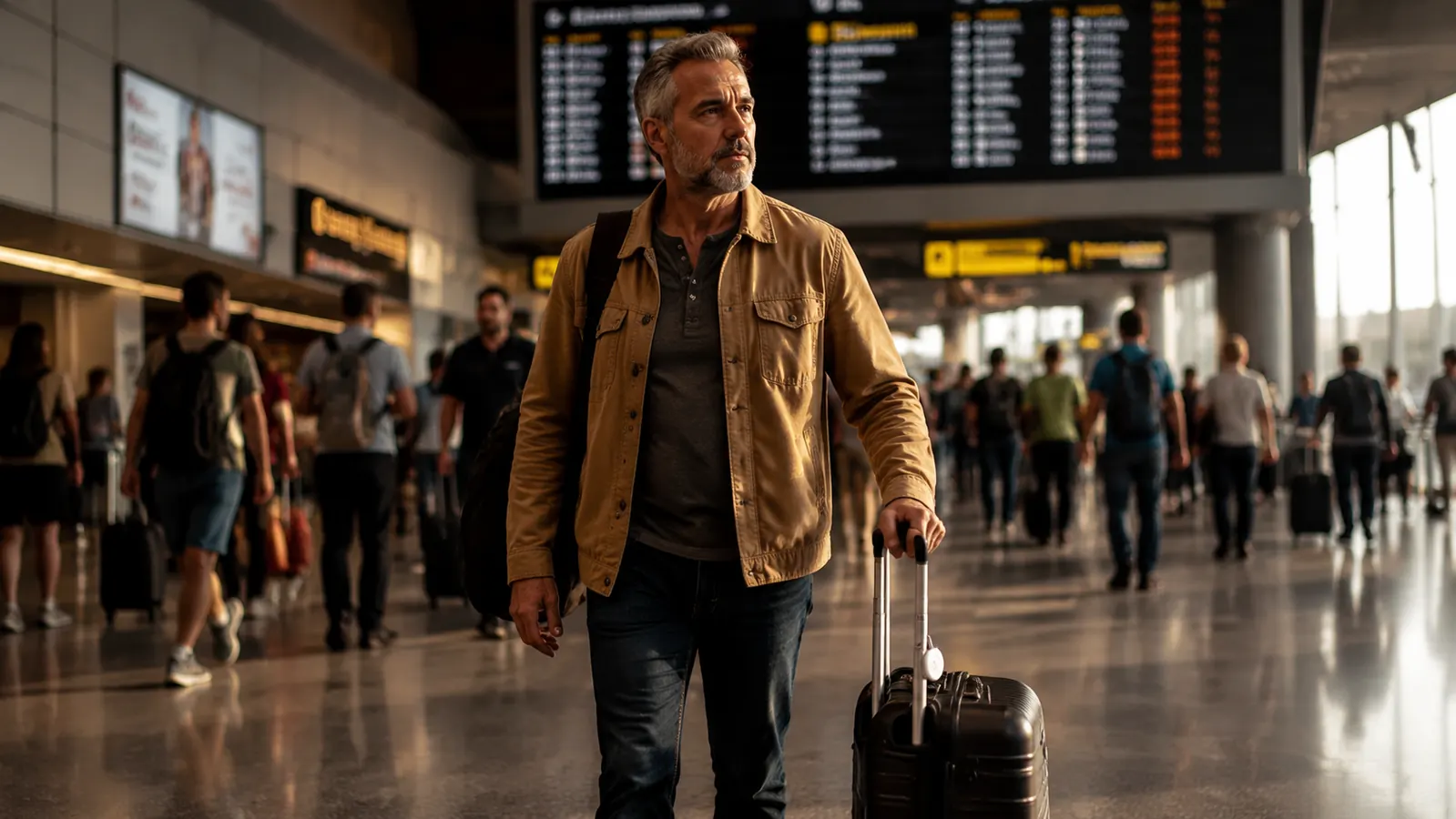 Samsung SmartTag2 clipped to a hard-shell carry-on handle in an airport terminal, departure boards visible in background