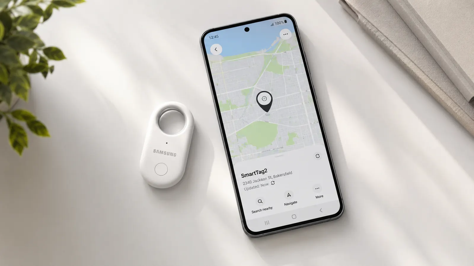 Samsung SmartTag2 tracker sitting next to a Samsung Galaxy phone showing the SmartThings Find map