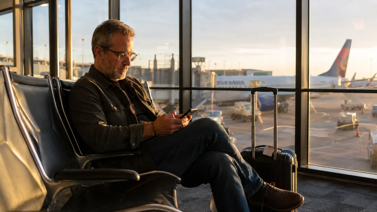 Traveler checking phone for luggage location while waiting at an airport gate