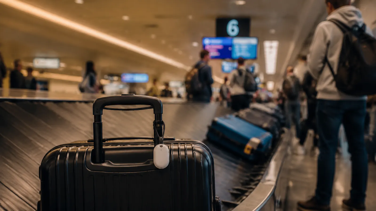 Samsung SmartTag2 clipped to a luggage handle on an airport baggage carousel