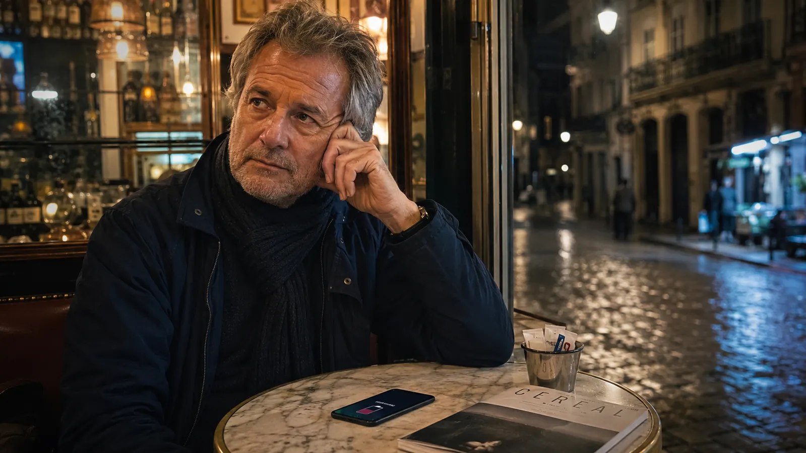 Traveler sitting at a dimly lit cafe table in Lisbon at night, phone on the table showing a low battery icon, cobblestones visible through the window