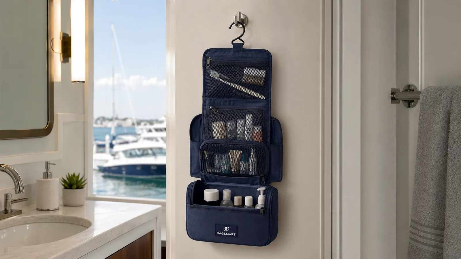 BAGSMART hanging toiletry bag open and suspended from a hook, compartments visible with travel-sized bottles and grooming items organized inside